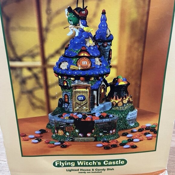 Dept 56 Halloween Flying Witch's Castle Light-up Animated Candy Dish M&Ms in Box - Picture 10 of 13